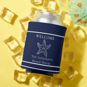 Custom Nautical White Navy Blue Starfish Can Cooler