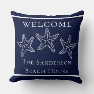 Custom Nautical White Navy Blue Starfish Cushion