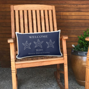 Custom Nautical White Navy Blue Starfish Doormat Lumbar Cushion