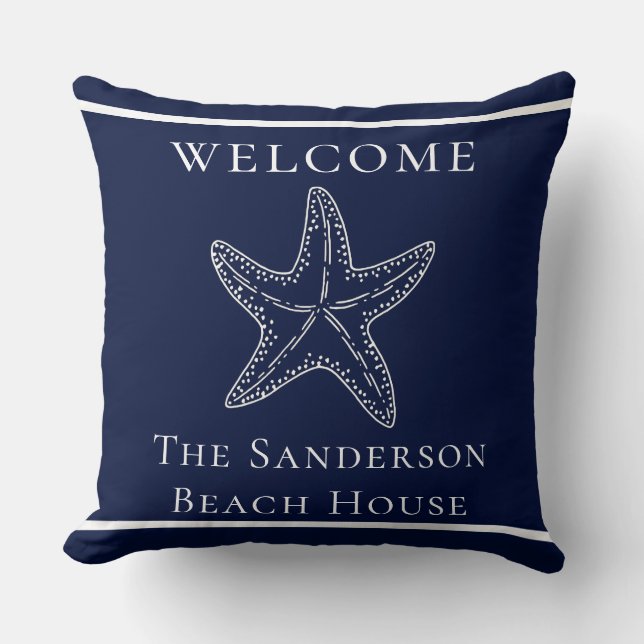 Custom Nautical White Navy Blue Starfish Throw Pil Cushion (Front)