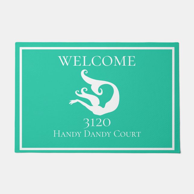 Custom Nautical White Teal Blue Mermaid Doormat (Front)