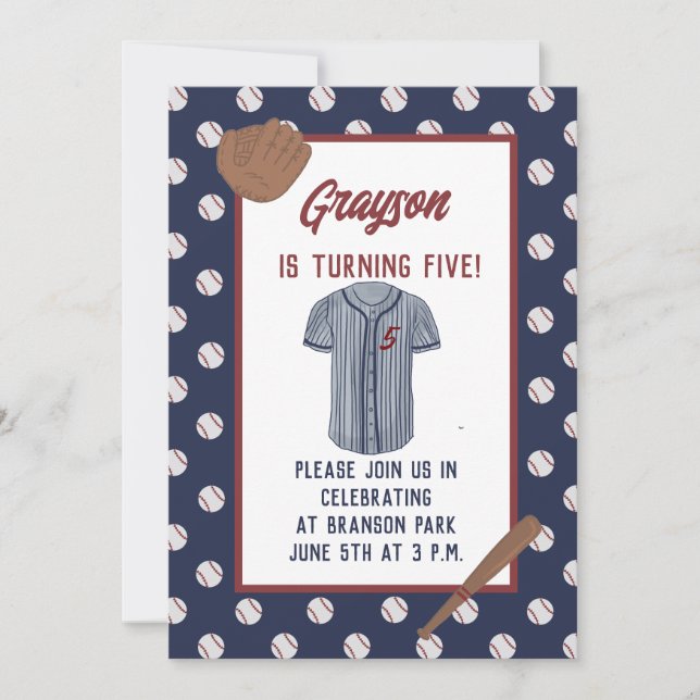 Custom navy baseball birthday invitation  (Front)