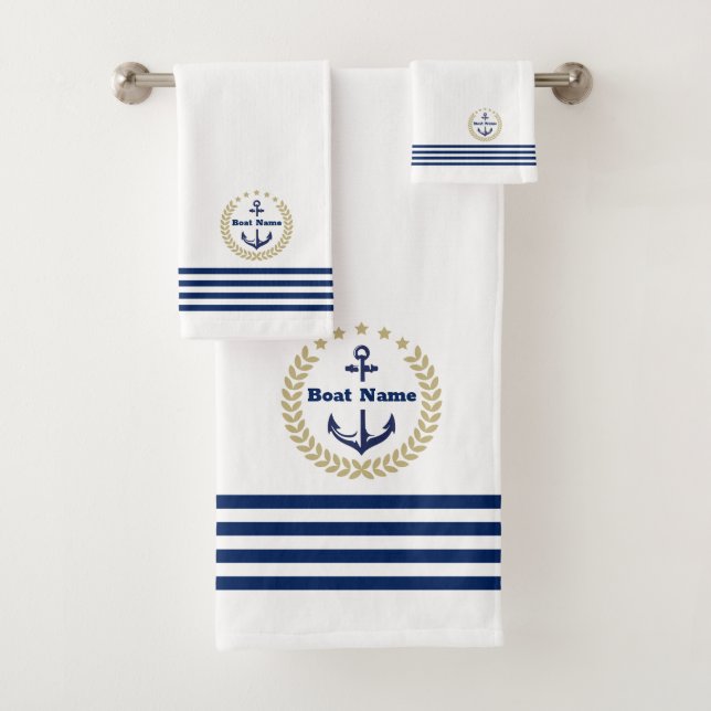 Custom Navy Bath Towel Set with Personalised Name (Insitu)