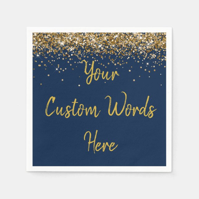 Custom Navy Blue and Gold Glitter Birthday Party Napkin (Front)