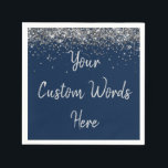 Custom Navy Blue and Silver Glitter Birthday Party Napkin<br><div class="desc">personalised sweet 16 paper napkin,  personalised 1st 15th 16th serviette,  wedding reception cocktail hen do,  quinceanera mis quince for her,  couple rehearsal dinner vow renewal,  daughter bridal shower high school,  son college graduate baby boy,  25th anniversary 30th 40th 50th,  girl bachelorette weekend night 18th,  20th 21st wife husband graduation</div>