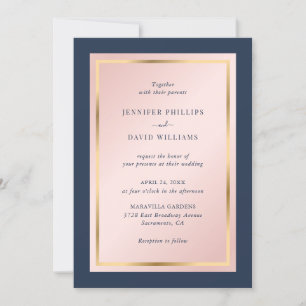 Custom Navy Blue Blush and Gold Wedding Invitation