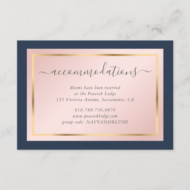 Custom Navy Blue Blush Gold Wedding Accommodation Enclosure Card (Front)