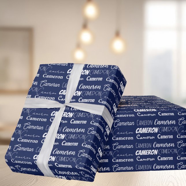 Custom Navy Blue Boys Name Collage Birthday Wrapping Paper (Creator Uploaded)