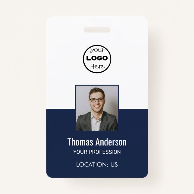 Custom Navy Blue Business Logo Employee Photo ID  ID Badge (Front)