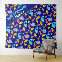 Custom Navy Blue Colourful Dinosaur Theme Birthday Tapestry