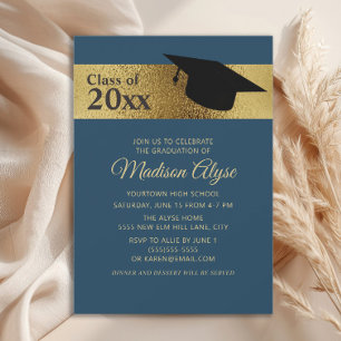 Custom Navy Blue Gold Black Cap Graduation Invitation