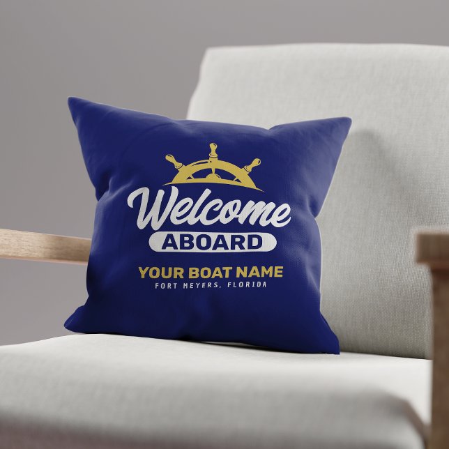  Custom Navy Blue & Gold Boat Name Welcome Aboard Cushion (Creator Uploaded)