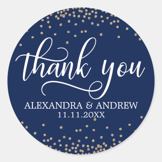 Custom Navy Blue Gold Confetti Wedding Thank You Classic Round Sticker (Front)