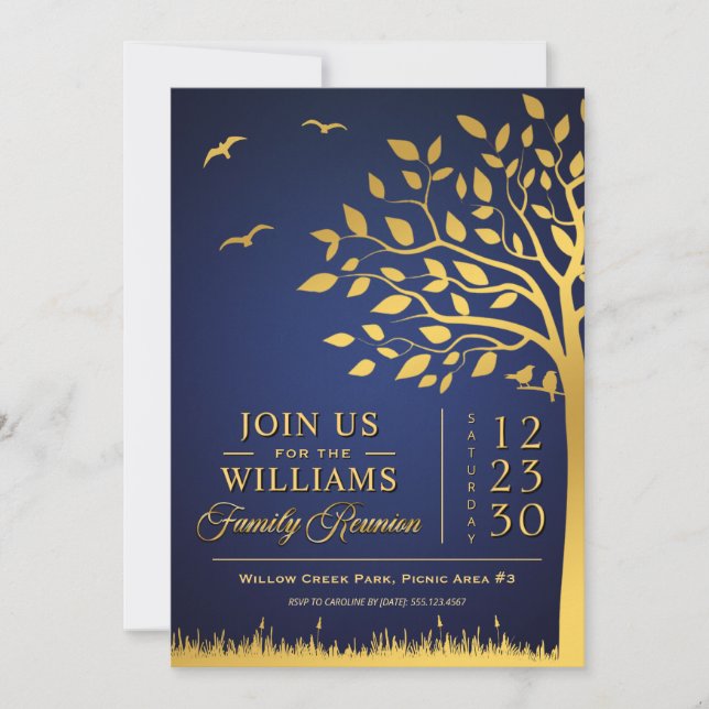 Custom Navy Blue & Gold Family Reunion Invitation (Front)