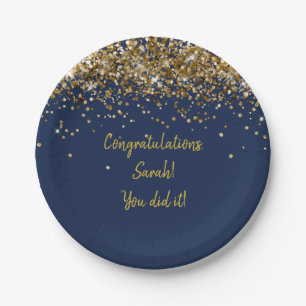 Custom Navy Blue Gold Graduation Party Glitter Her Paper Plate