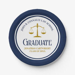 Custom Navy Blue Gold Law School Graduation Party Paper Plate