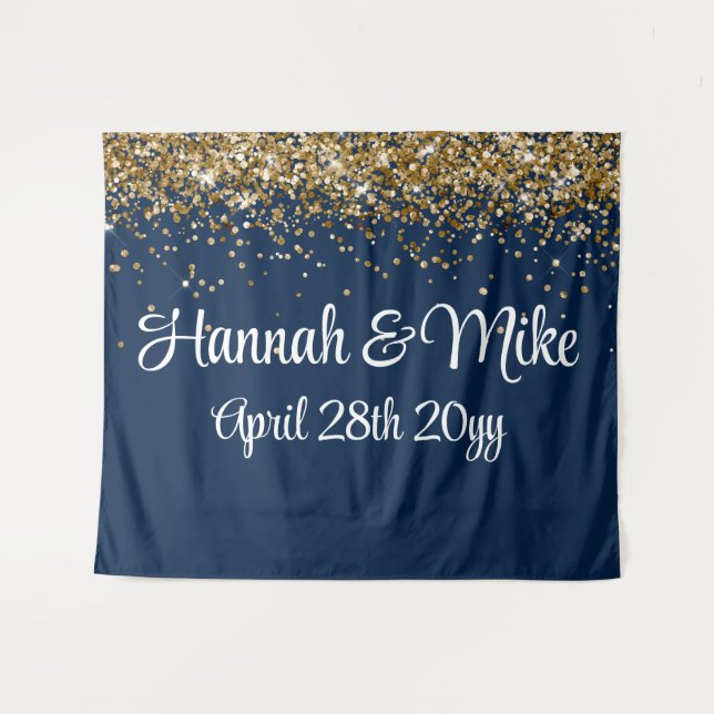 Custom Navy Blue Gold Wedding Backdrop Photo Booth Tapestry (Front (Horizontal))