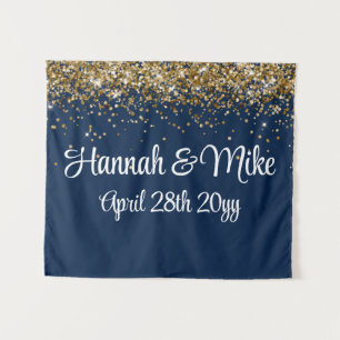 Custom Navy Blue Gold Wedding Backdrop Photo Booth Tapestry