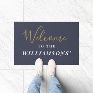 Custom Navy Blue Gold White Minimalist Welcome Doormat