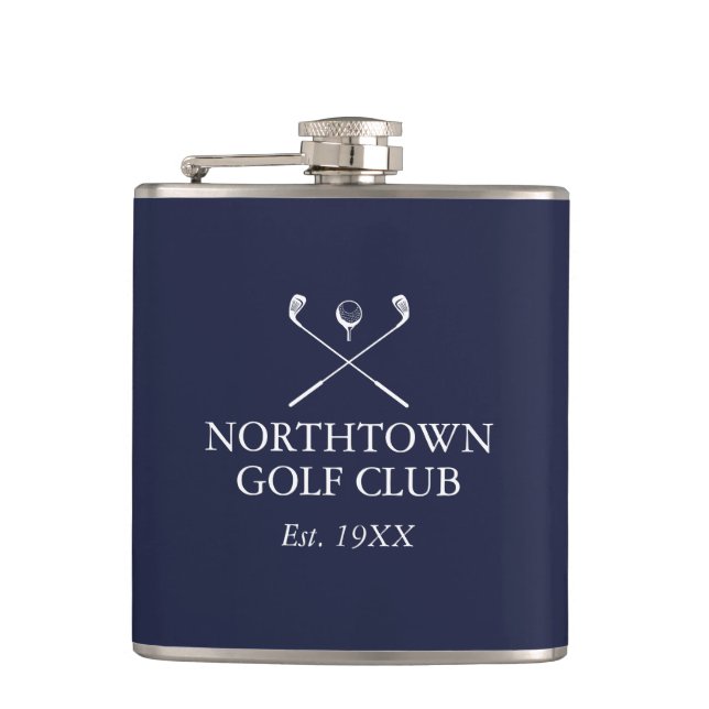 Custom Navy Blue Golf Club Name Hip Flask (Front)