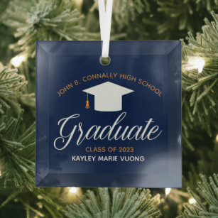 Custom Navy Blue Graduation High School Keepsake Glass Tree Decoration