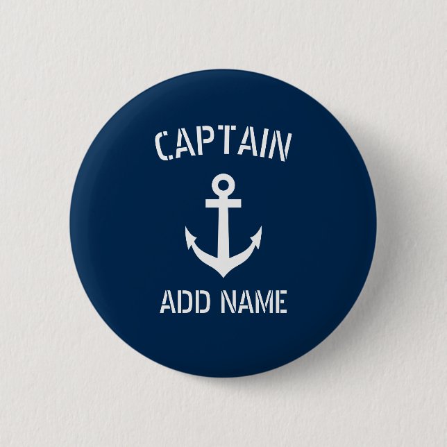 Custom navy blue nautical anchor boat captain 6 cm round badge (Front)