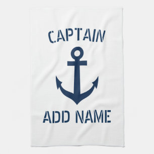 Custom navy blue nautical anchor boat captain tea towel