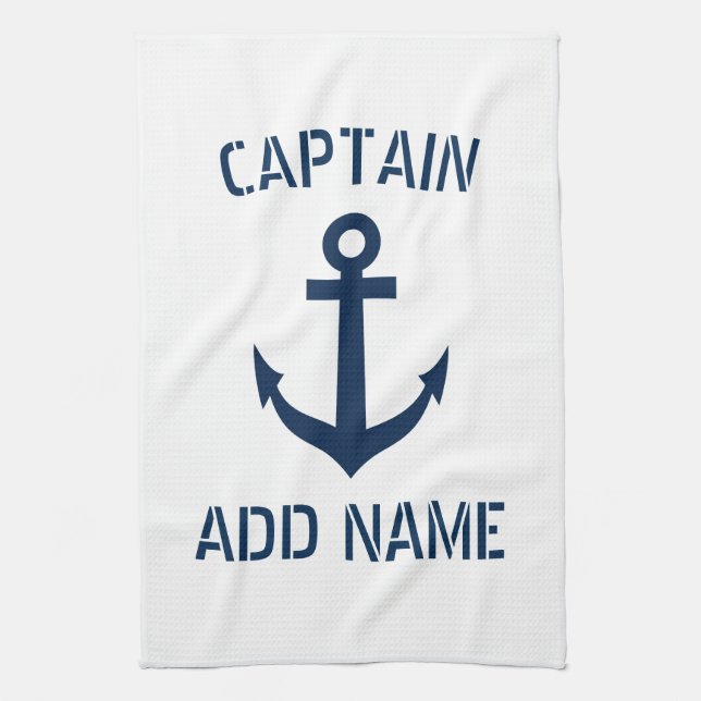 Custom navy blue nautical anchor boat captain tea towel (Vertical)