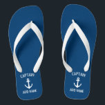 Custom navy blue nautical anchor boat captain thongs<br><div class="desc">Custom navy blue and white nautical anchor boat captain flip flops. Personalised beach slippers with ship anchor logo. Maritime sandals for sailor and sailing enthusiasts. Customisable colour. Cool Birthday party gift or party favour idea for friends, dad, husband, uncle, grandpa, wedding groom and bride, guests etc. Unique maritime and boating...</div>