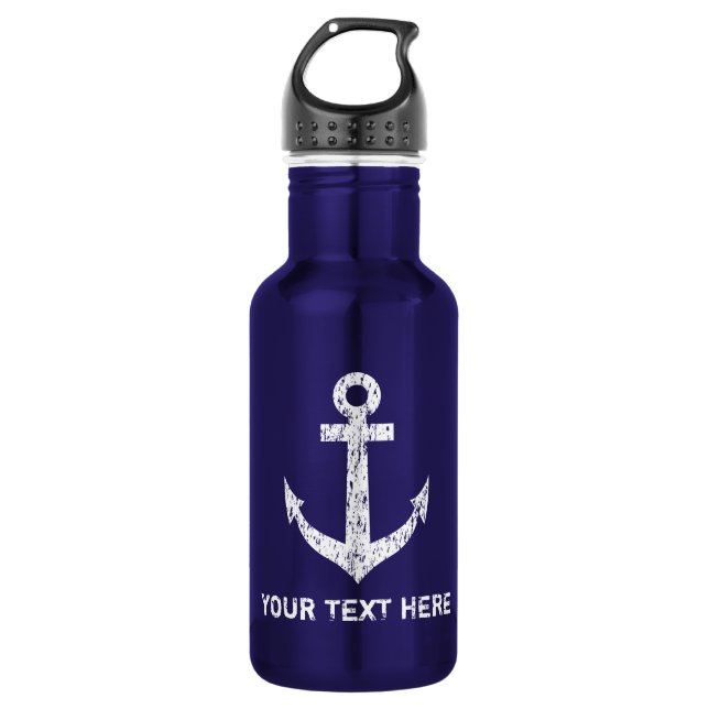 Custom navy blue nautical anchor water bottles (Front)
