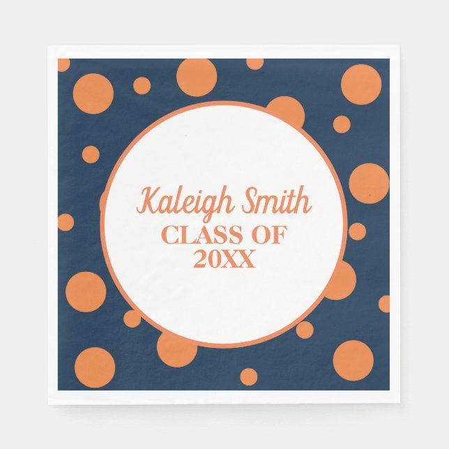 Custom Navy Blue Orange Polka Dot Graduation Party Napkin (Front)