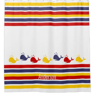  Custom Navy Blue Red Yellow WHALE Stripe nautical Shower Curtain