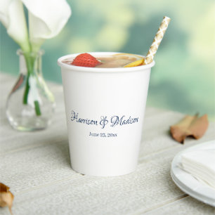 Custom navy blue script Couple Name Date Wedding Paper Cups