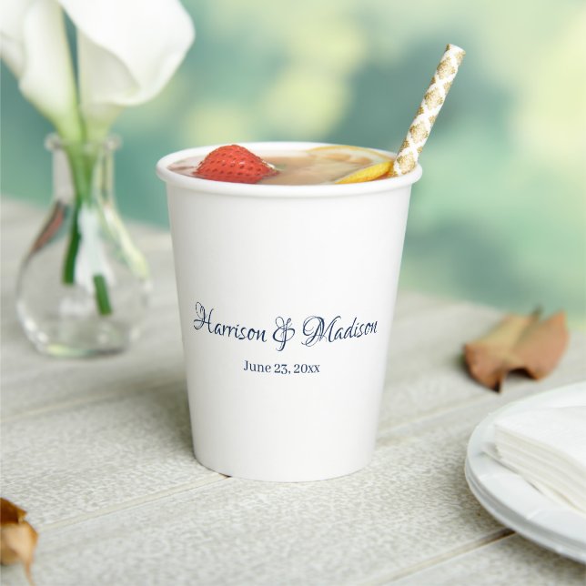 Custom navy blue script Couple Name Date Wedding Paper Cups (Insitu)