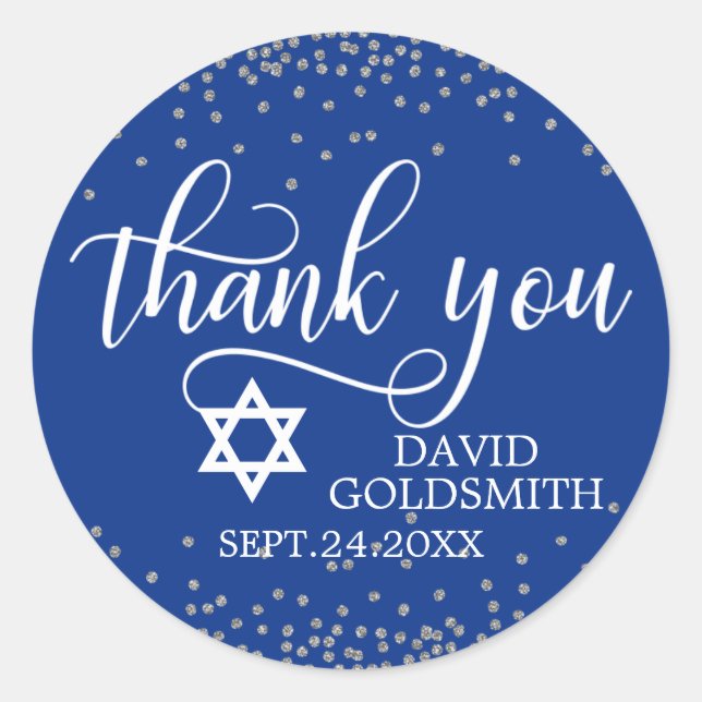 Custom Navy Blue Silver BAT/BAR MITZVAH Thank You Classic Round Sticker (Front)