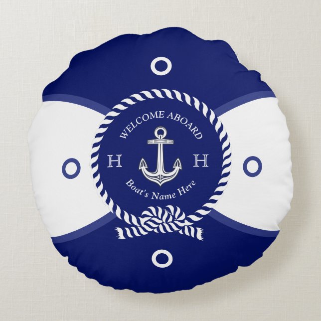 Custom Navy Blue White Anchor Life Ring Nautical Round Cushion (Back)