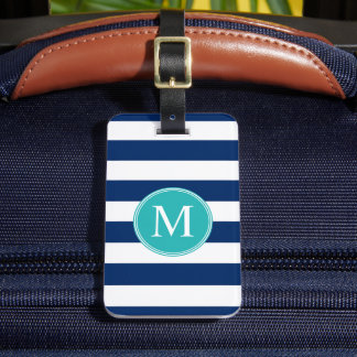 Custom Navy Blue White Nautical Stripes Pattern  Luggage Tag