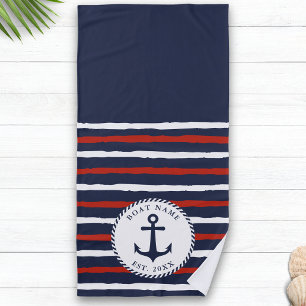 Custom Navy Blue White Red Stripes Anchor Nautical Beach Towel