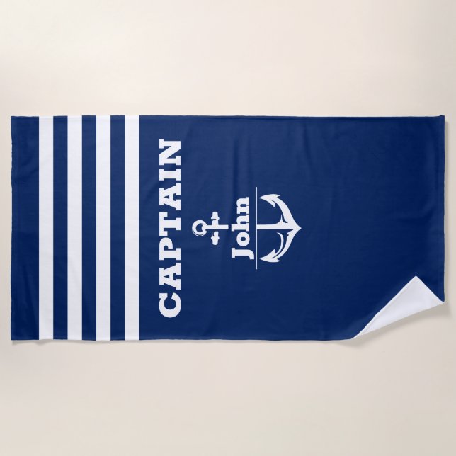 Custom Navy Captain with Personalised Name Beach Towel (Front)