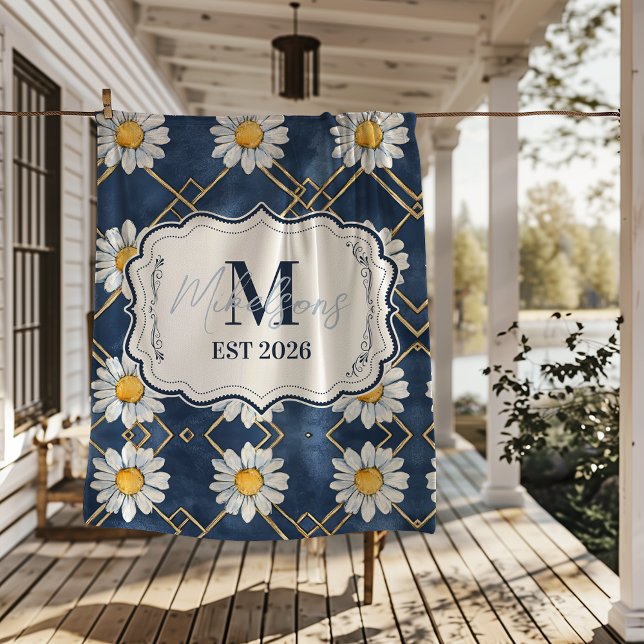 Custom Navy Daisy Gingham Monogram Decor Fleece Blanket (Creator Uploaded)
