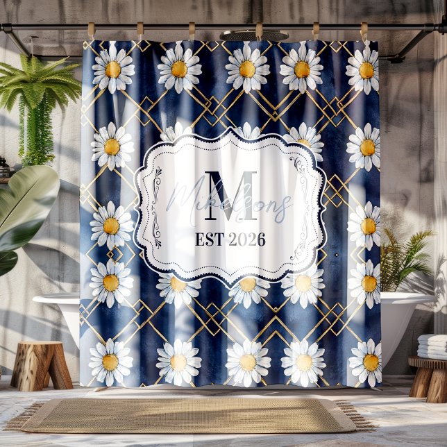 Custom Navy Daisy Gingham Monogram Decor Shower Curtain (Creator Uploaded)