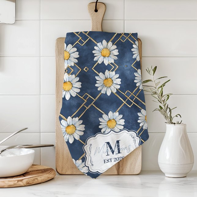 Custom Navy Daisy Gingham Monogram Decor Tea Towel (Creator Uploaded)