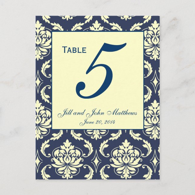 Custom Navy Damask Wedding Table Number 2 Postcard (Front)