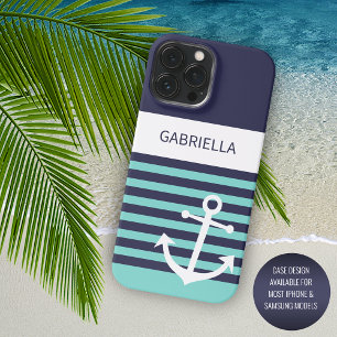Custom Navy Dark Blue White Aqua Turquoise Stripes iPhone 15 Pro Max Case