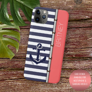Custom Navy Dark Blue White Coral Red Stripes iPhone 16 Pro Max Case