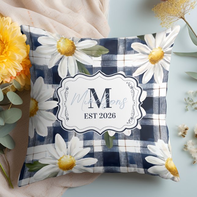 Custom Navy Gingham Daisy Monogram Cushion (Creator Uploaded)