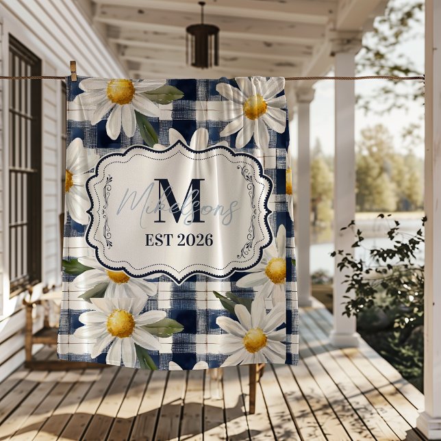 Custom Navy Gingham Daisy Monogram Fleece Blanket (Creator Uploaded)