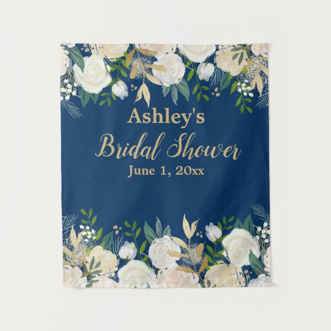 Custom Navy & Gold Bridal Shower Photo Booth Prop Tapestry (Front)