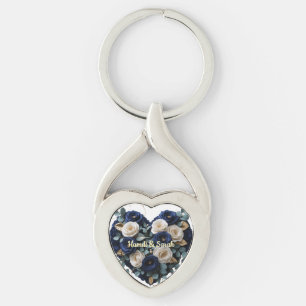 Custom Navy Gold Floral Monogram Heart Keychain