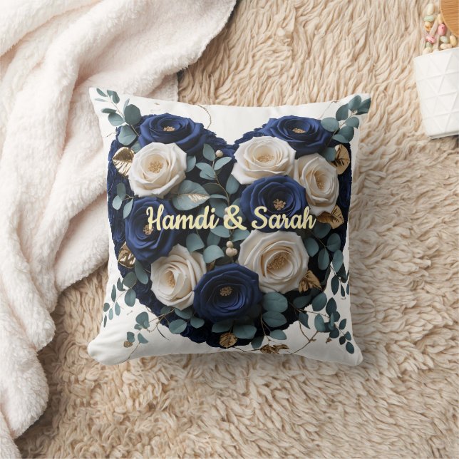 Custom Navy Gold Floral Monogram Heart Pillow (Blanket)